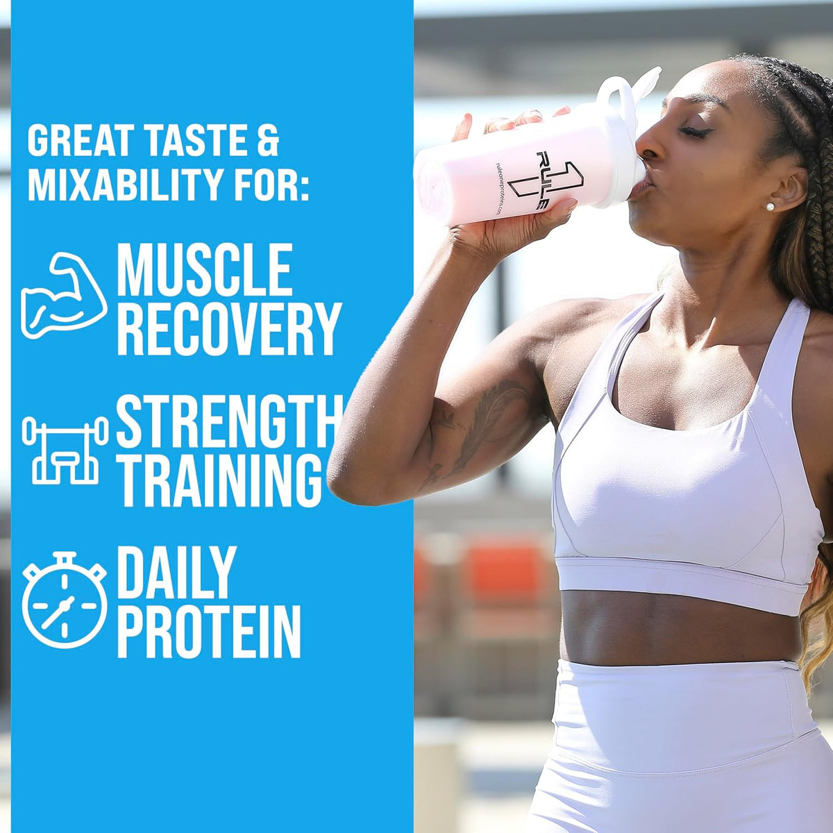 Rule 1 fitness supplement tub with ingredient details