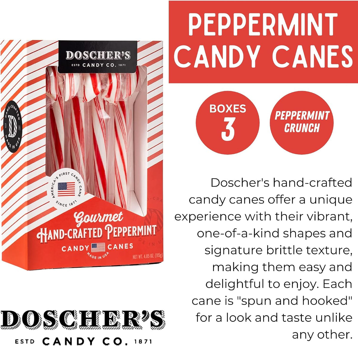 Doscher's handmade peppermint candy canes box display showing red and white stripes.