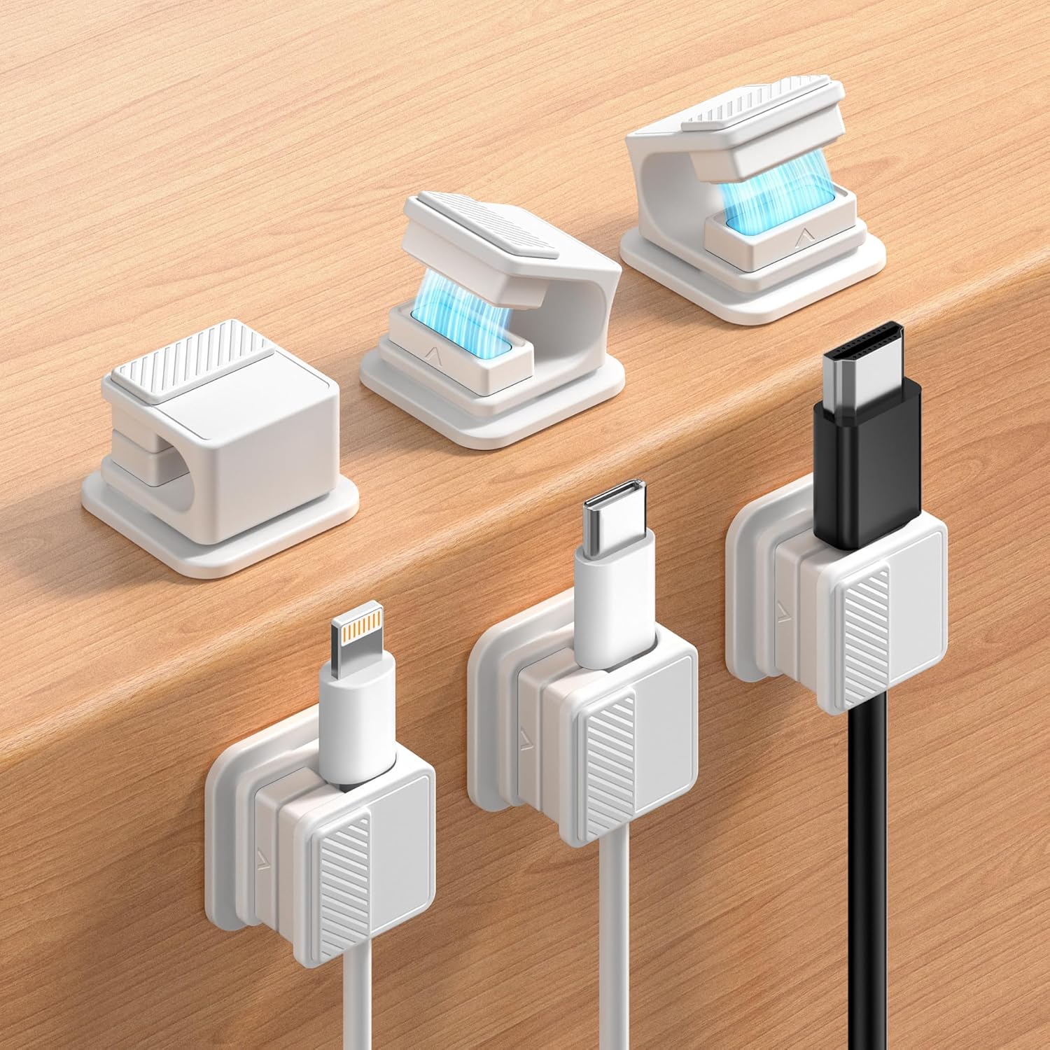 GolbinBox Magnetic Cable Clips 6 pack front view showing white silicone holders on a clean office desk setup