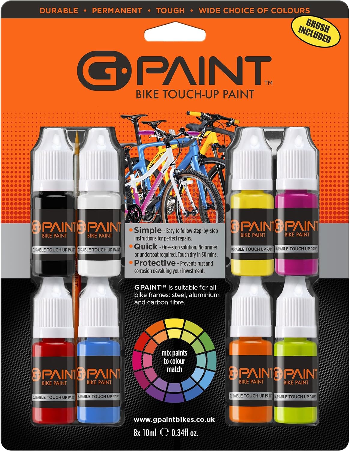 G-Paint bike touch-up paint kit front view showing 8 bottles and brush