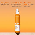 Clarins SPF 50 plus sunscreen spray bottle back label details