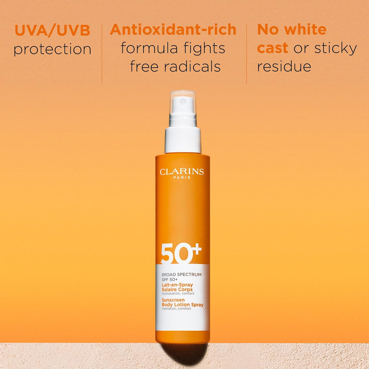 Clarins SPF 50 plus sunscreen spray bottle back label details