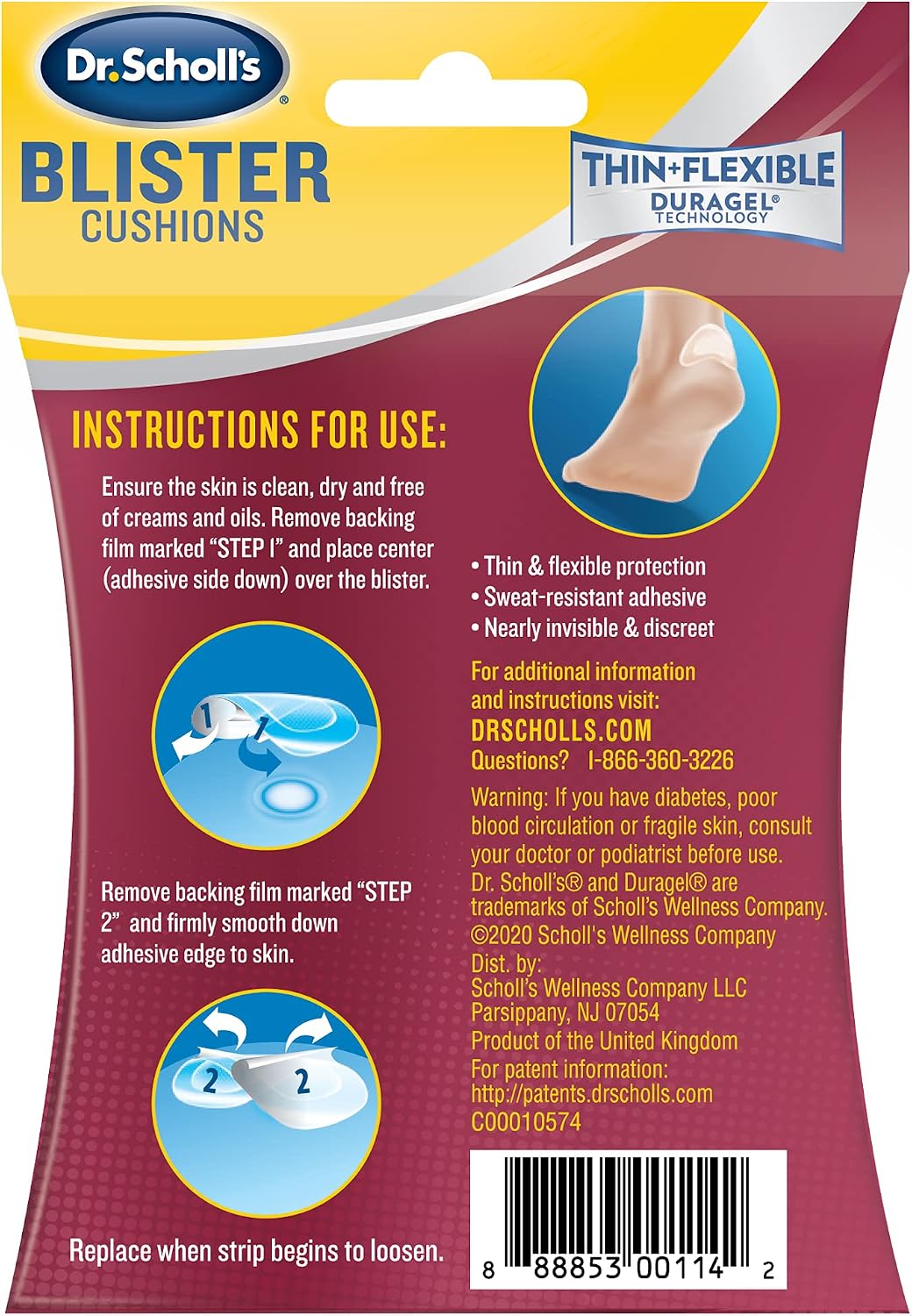 Dr. Scholl's active series blister treatment cushion back of packaging