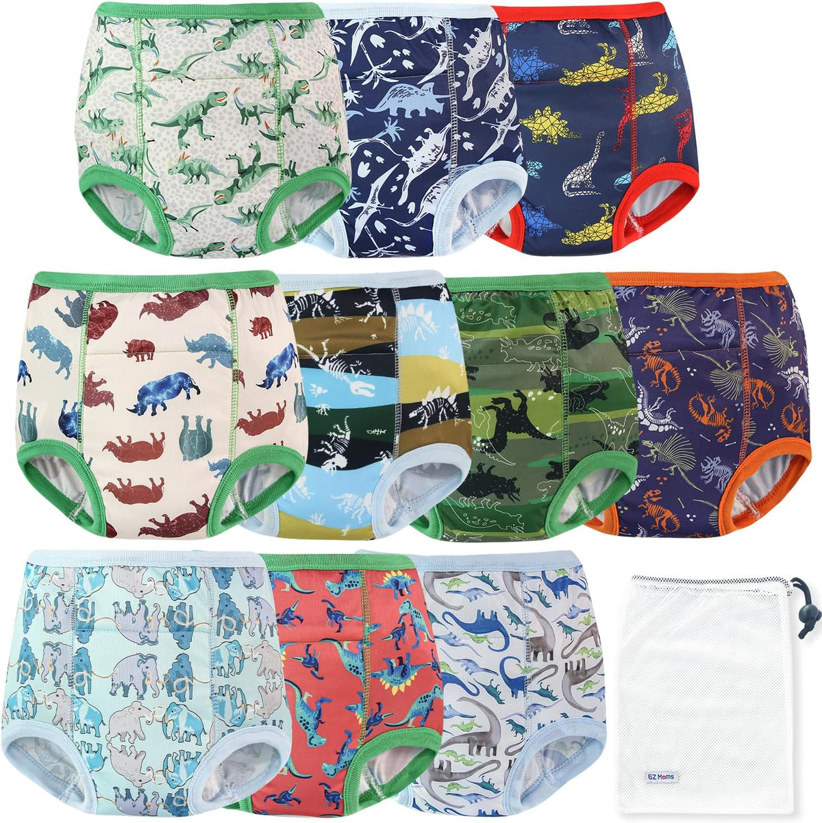 EZ Moms High Waist Potty Training Underwear front view of dinosaur print toddler pants pack.