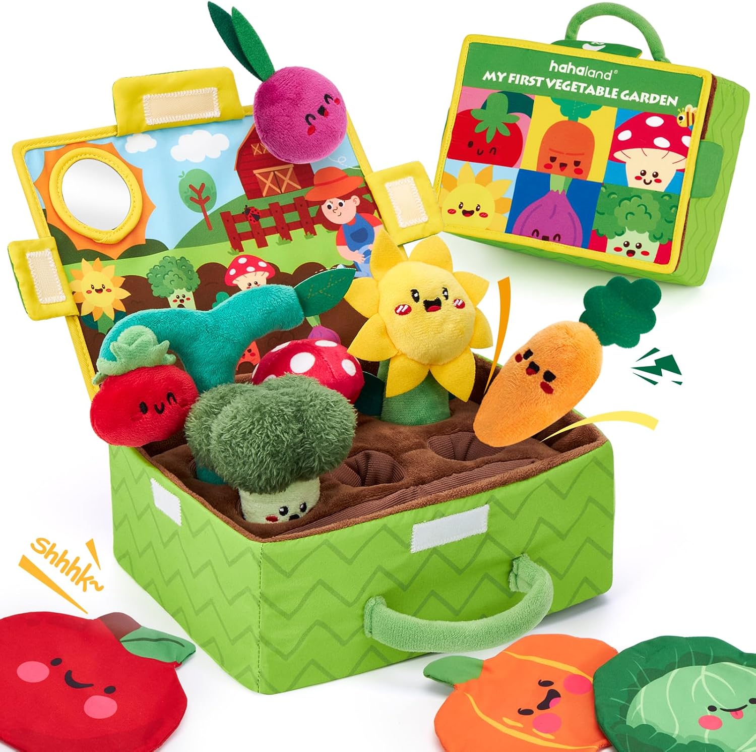 Hahaland My First Vegetable Garden baby sensory toy front view with plush carrots and flowers.