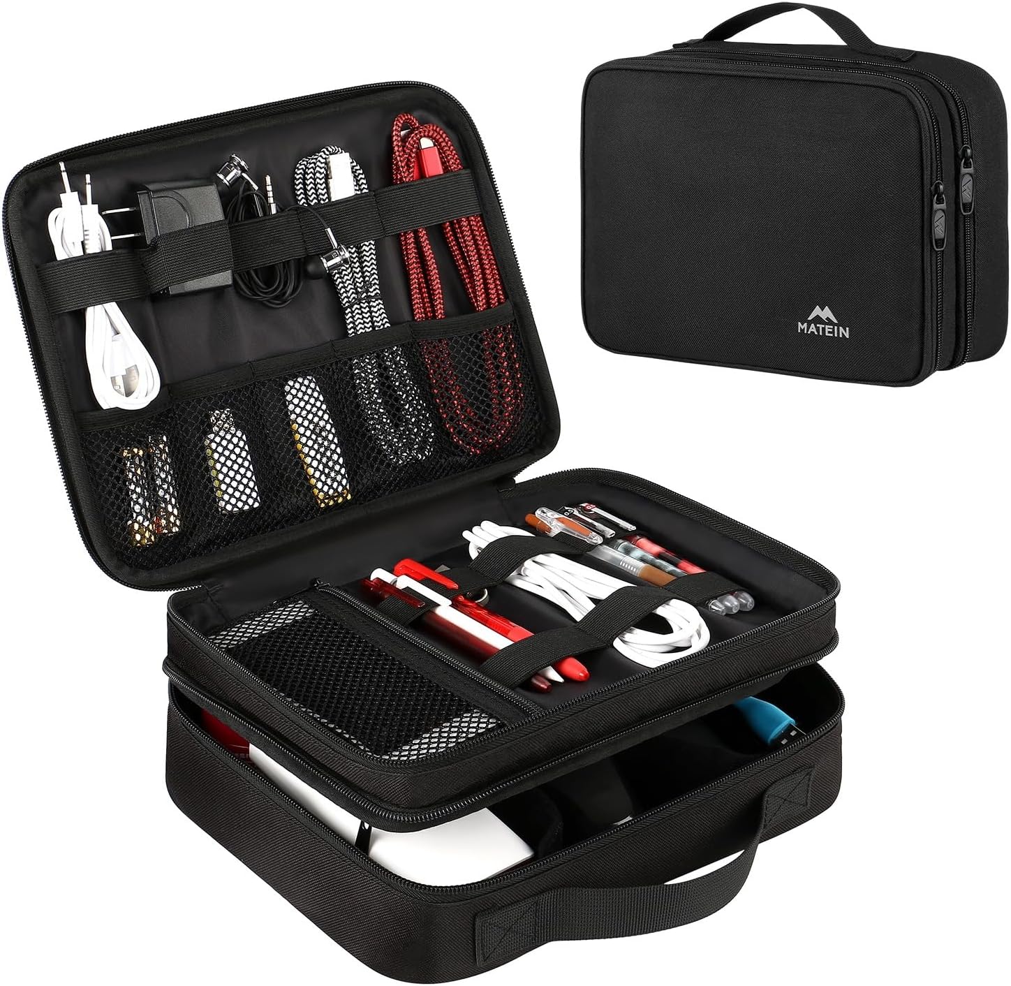 MATEIN electronics organizer travel case black front view showing water resistant exterior