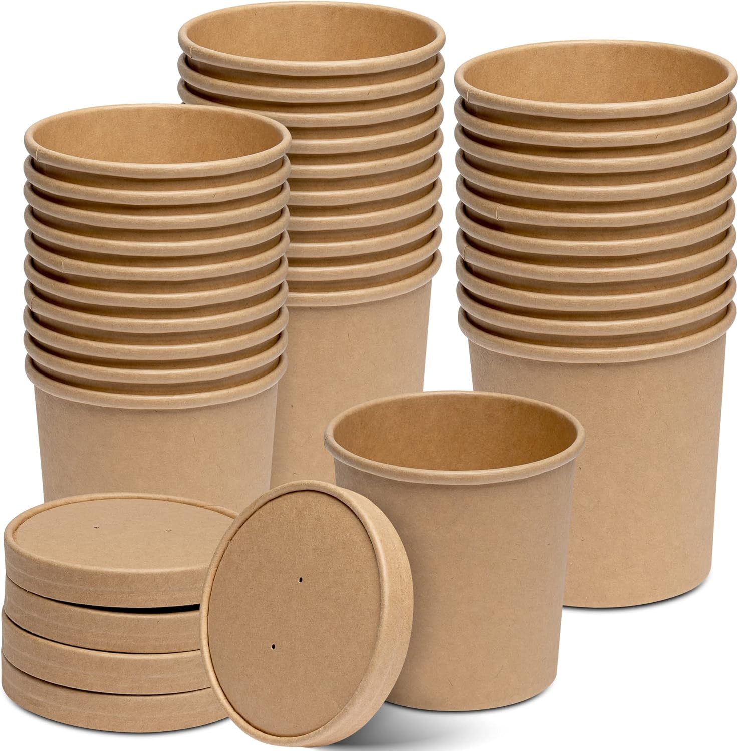 Gusto 16 Ounce Kraft Paper Food Containers front view featuring disposable brown bowls with lids.
