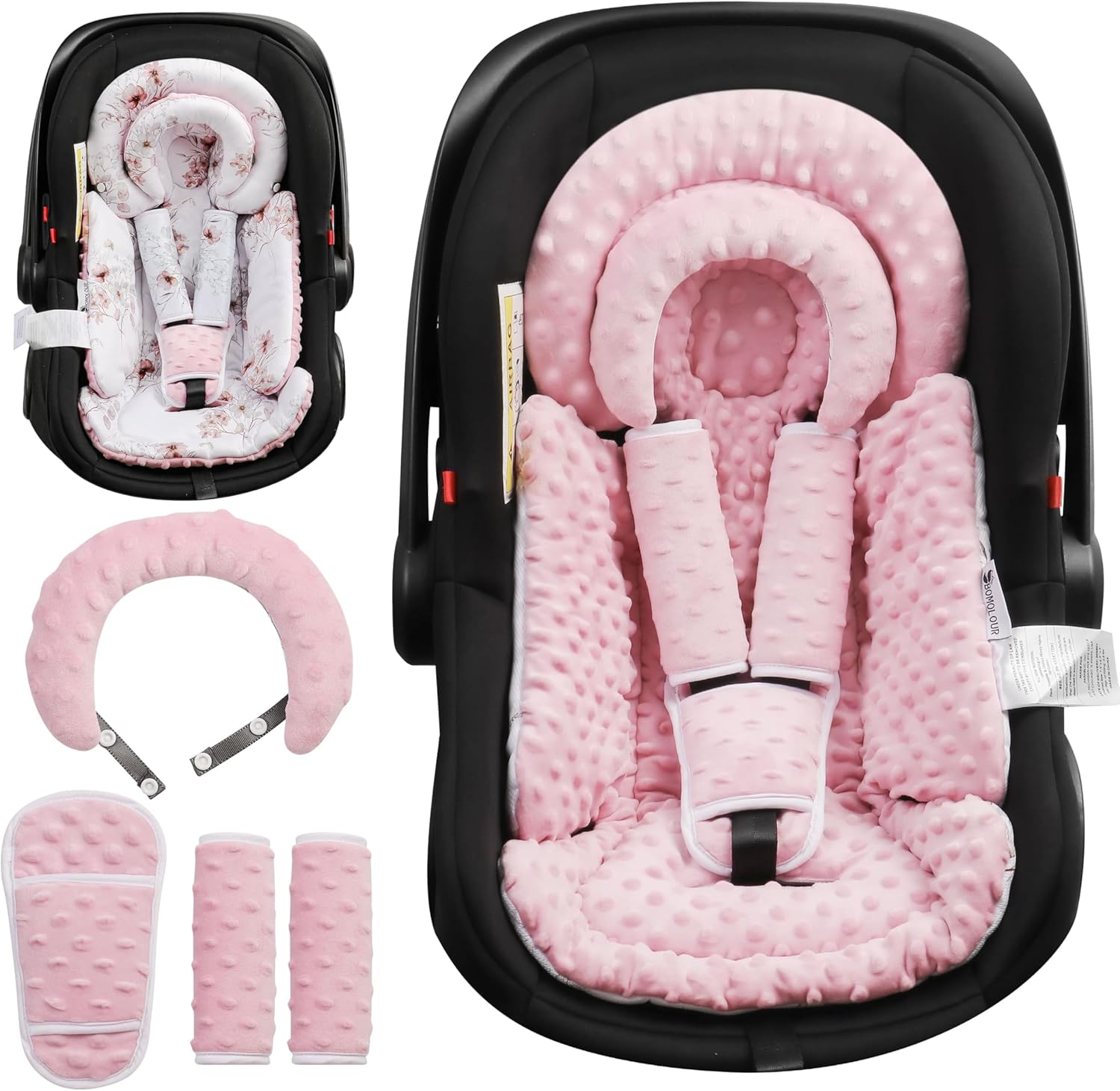 BOMOLOUR infant car seat insert pink front view showing plush dotted fabric texture.