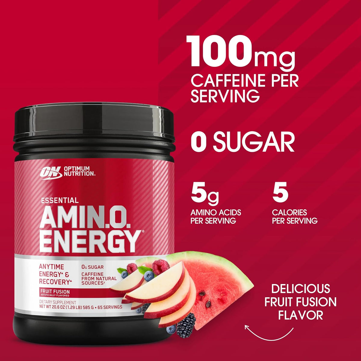 Optimum Nutrition Essential Amino Energy supplement facts and ingredients label close up view