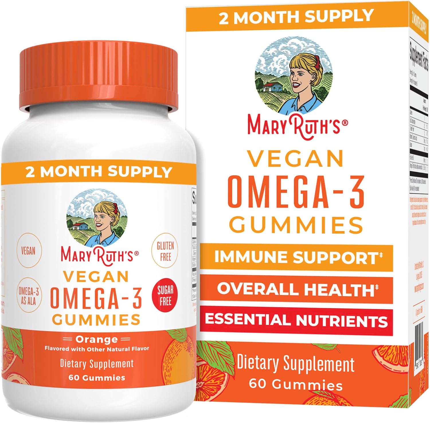MaryRuth's Vegan Omega 3 Gummies for Adults front view showing orange flavor formulation