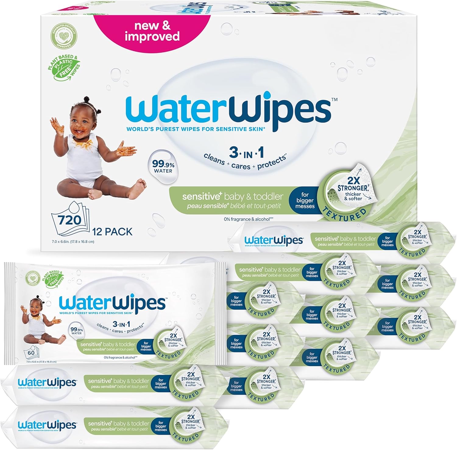 WaterWipes Sensitive+ Baby & Toddler Wipes, 3-In-1 Cleans, Cares, Protects, 99.9% Water, Textured Clean, Unscented & Hypoallergenic, 720 Count (12 Packs) - Image 1