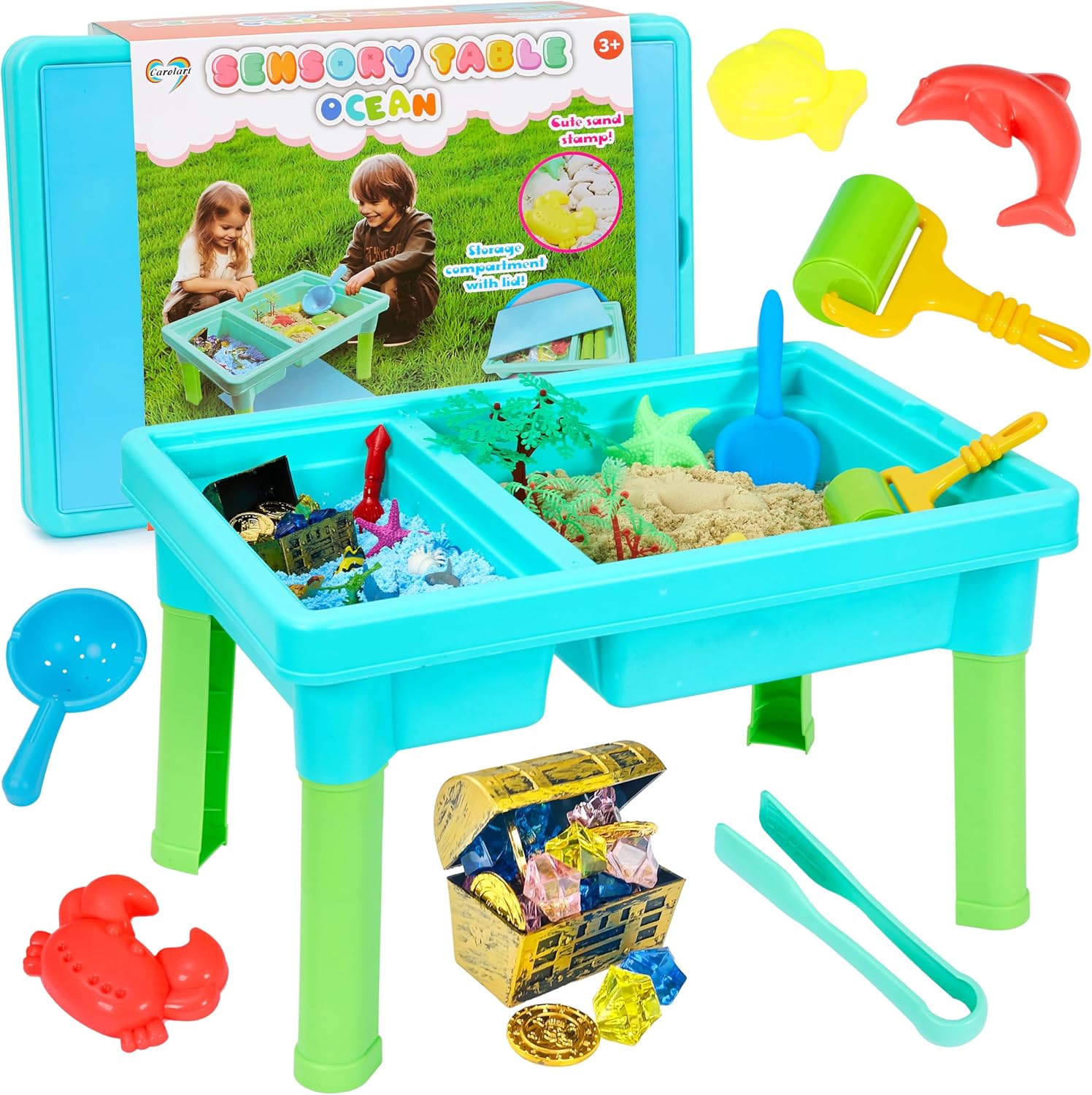 Carolart Ocean Sensory Table front view showing assembled blue and green toddler activity station with sand