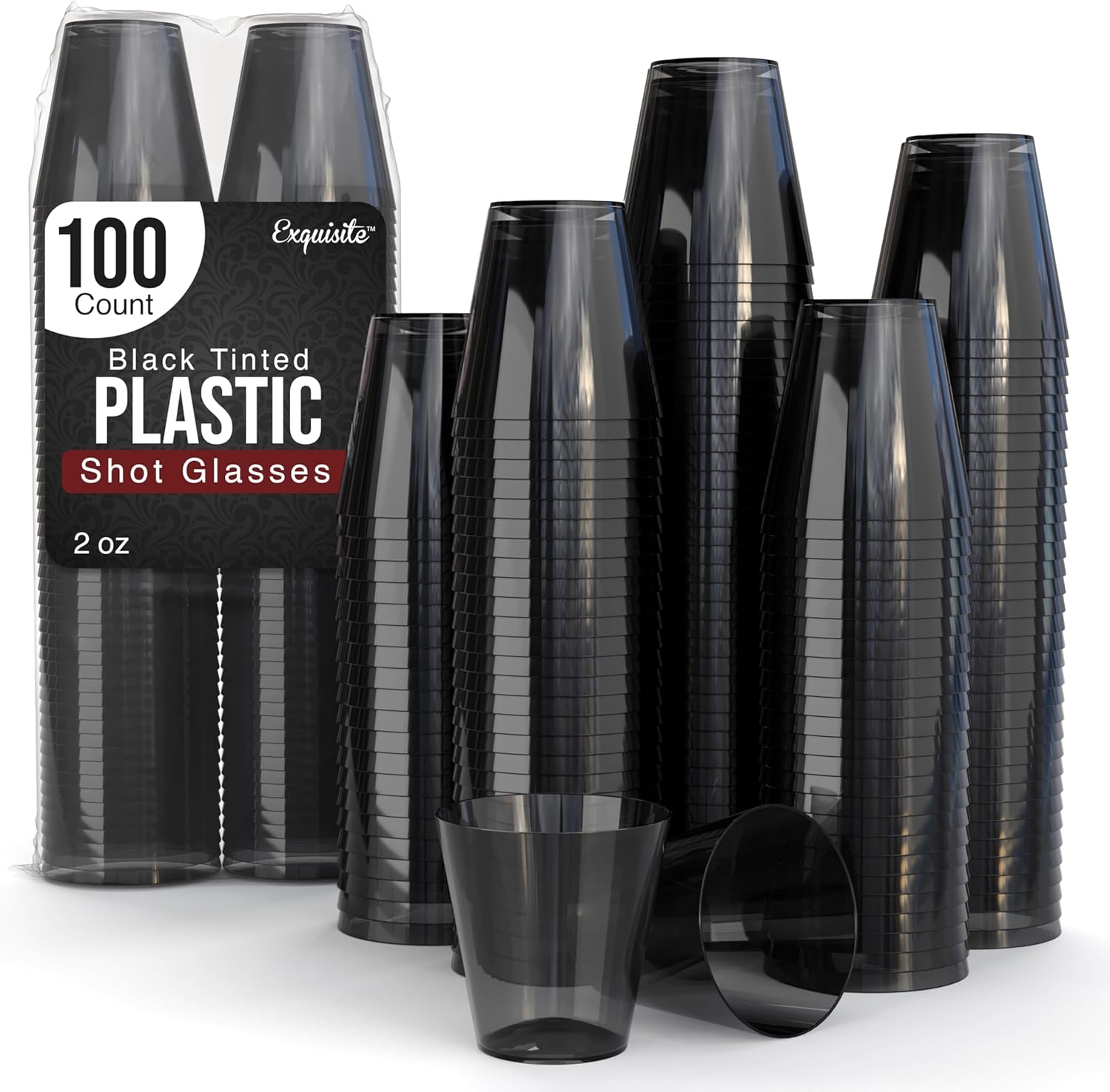 Exquisite plastic shot glasses 100 count front view of smokey black cups.