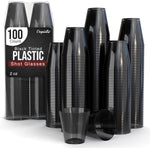 Exquisite plastic shot glasses 100 count front view of smokey black cups.