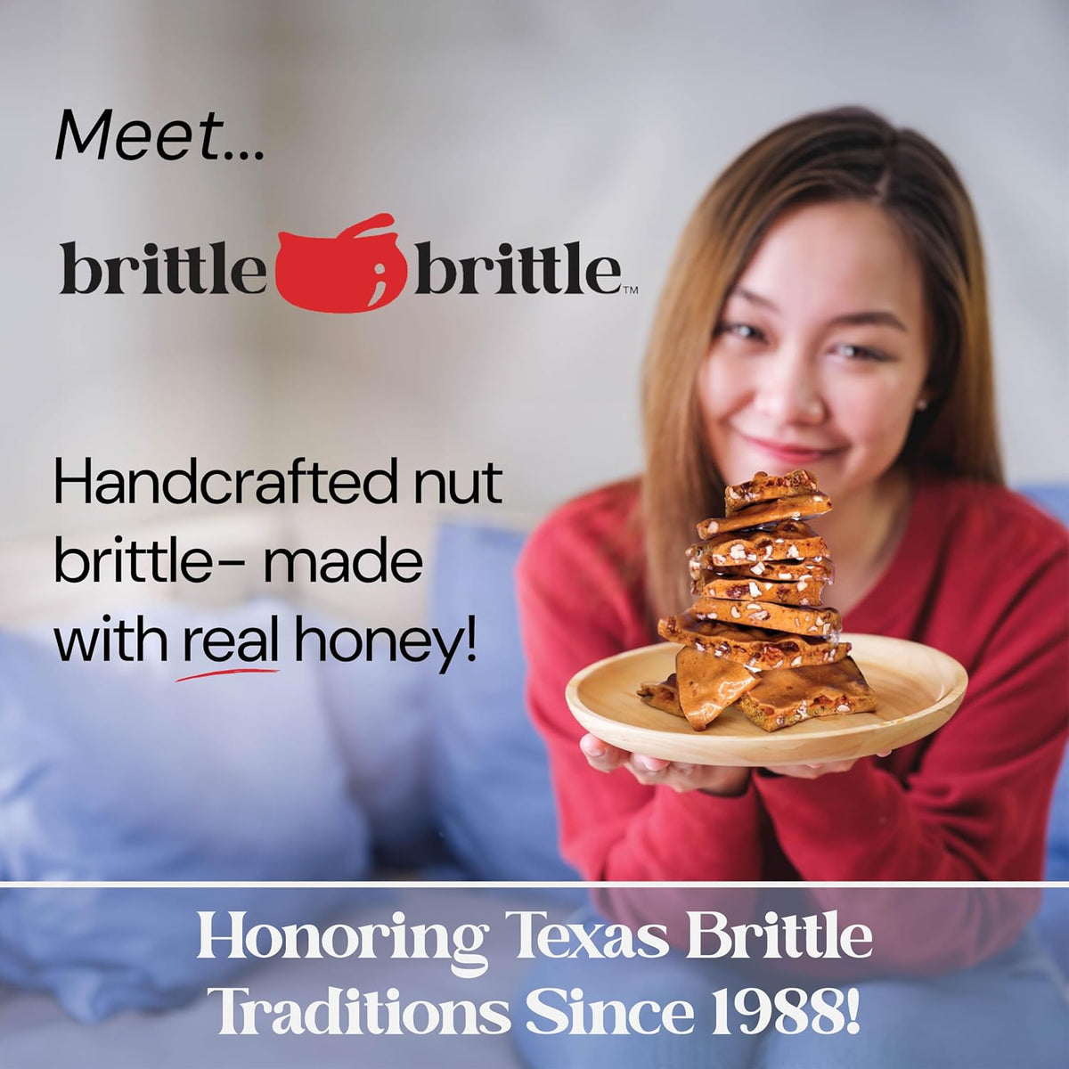 Side angle of the Brittle-Brittle 12 Ounce box highlighting the gluten free and real honey product labels.