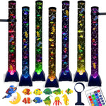 Muiofang Sensory Bubble Tower Lamp front view showing illuminated four foot blue LED water tube with artificial fish floating inside.