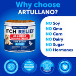 Dog allergy relief supplement bottle featuring omega 3 fish oil ingredient details.