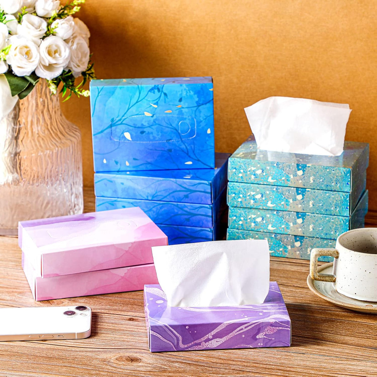 Yinder 24 pack watercolor facial tissue boxes front view