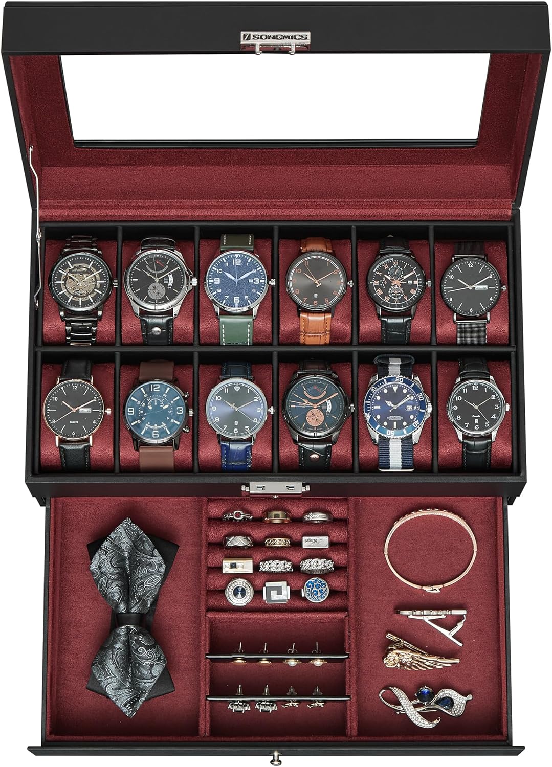 SONGMICS Watch Box, 8-Slot Watch Case Organizer with Large Glass Lid, 2 Layers, Removable Pillows, Metal Lock, Gift for Loved Ones, Black Synthetic Leather, Greenish Gray Lining UJWB080G01 - Image 14