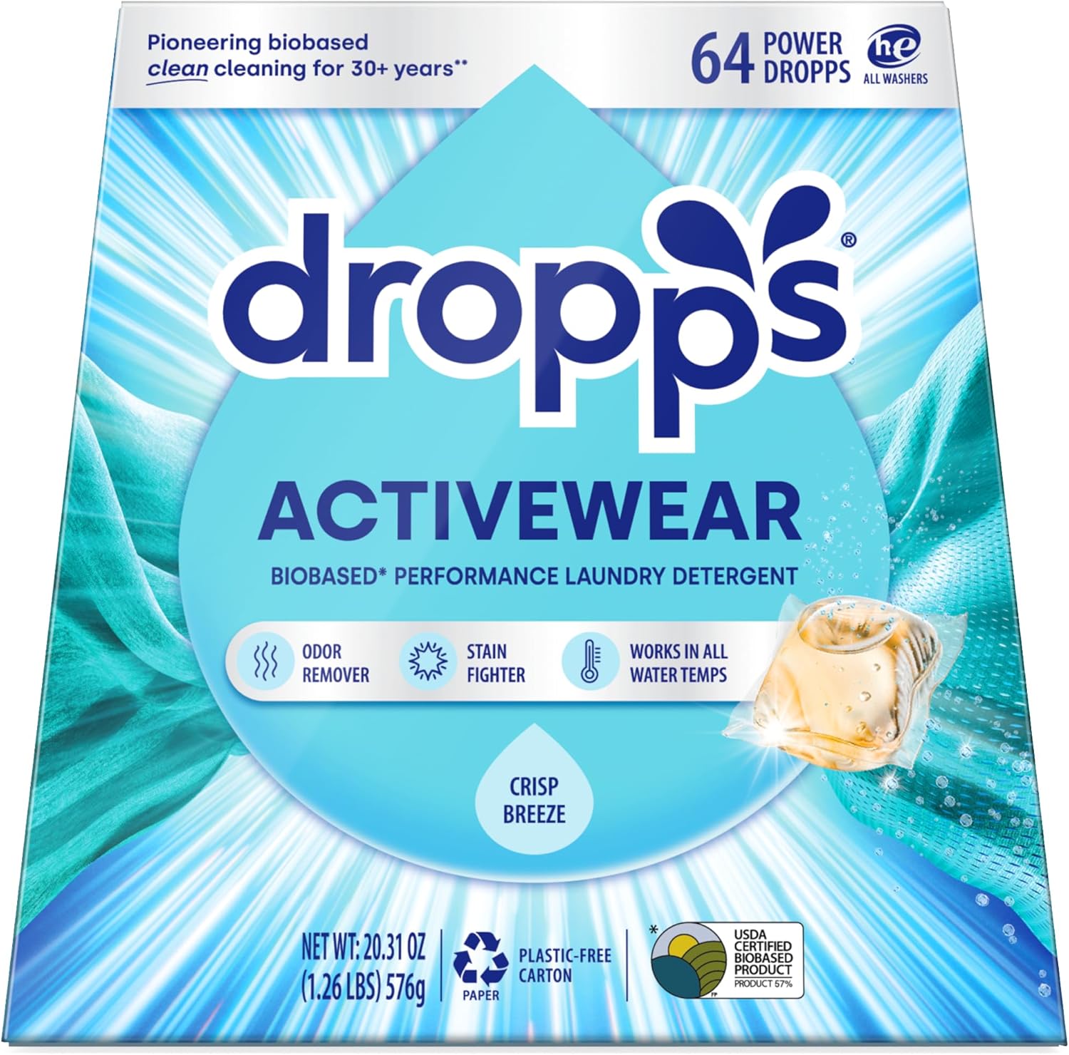 Dropps Activewear Biobased Laundry Detergent Pods 64 Count front packaging for odor removal.