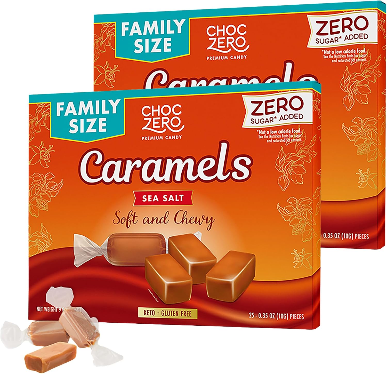 ChocZero Sea Salt Caramels Pack of Two front view of family size box showcasing sugar free keto candy packaging