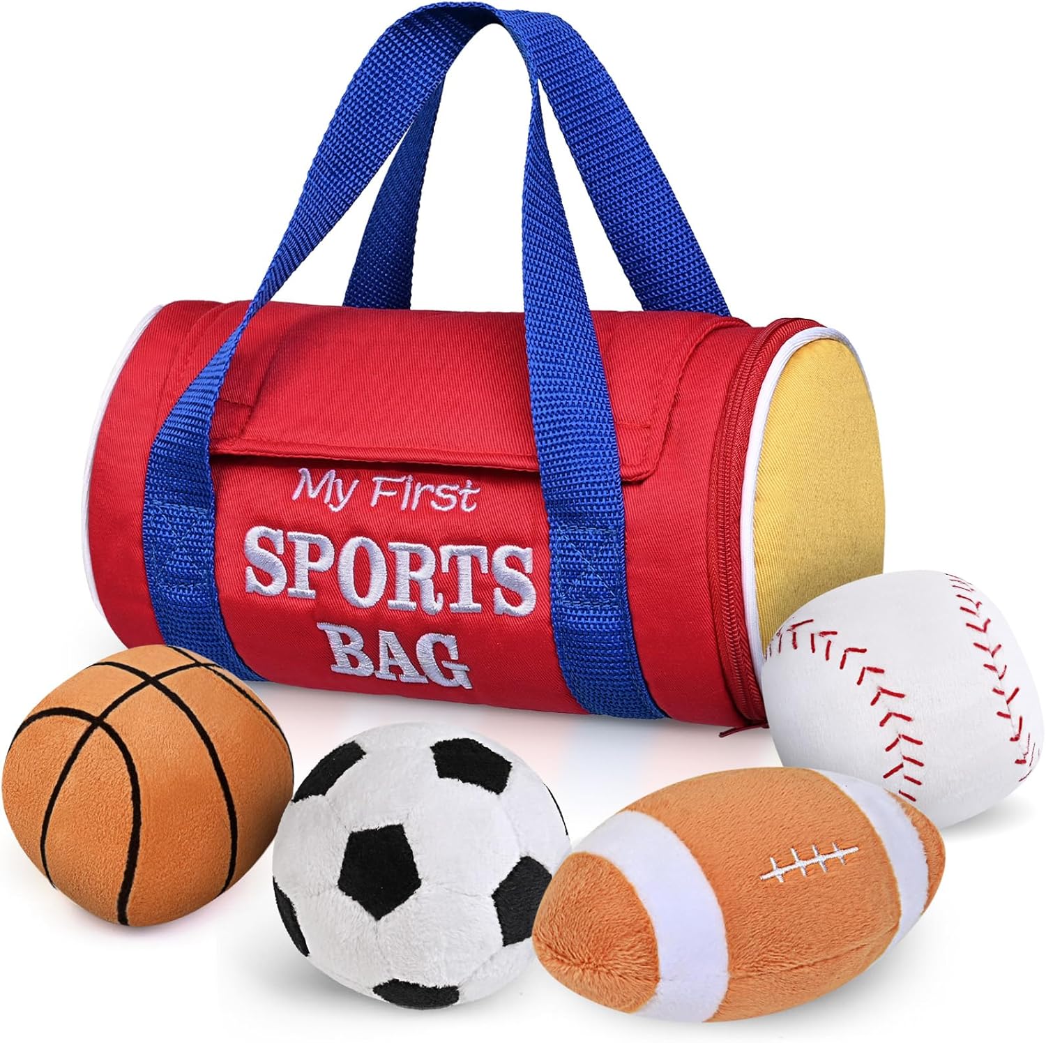 KMUYSL My First Sports Bag plush toy front view showcasing the red duffel bag filled with four sensory balls.