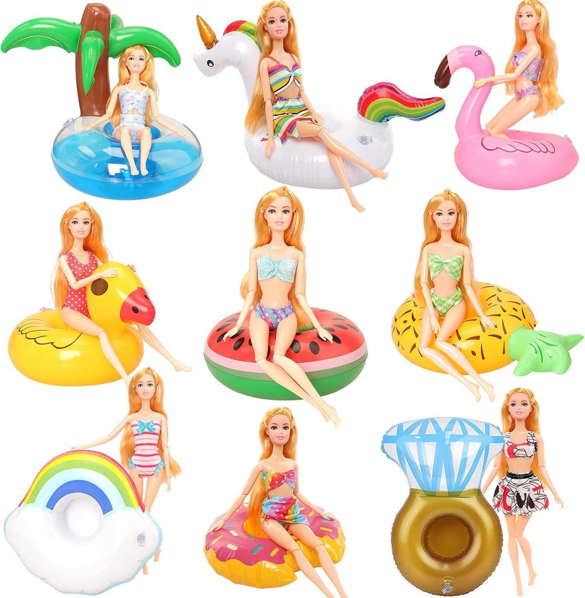 BM 9 piece pool floaties set for dolls front view