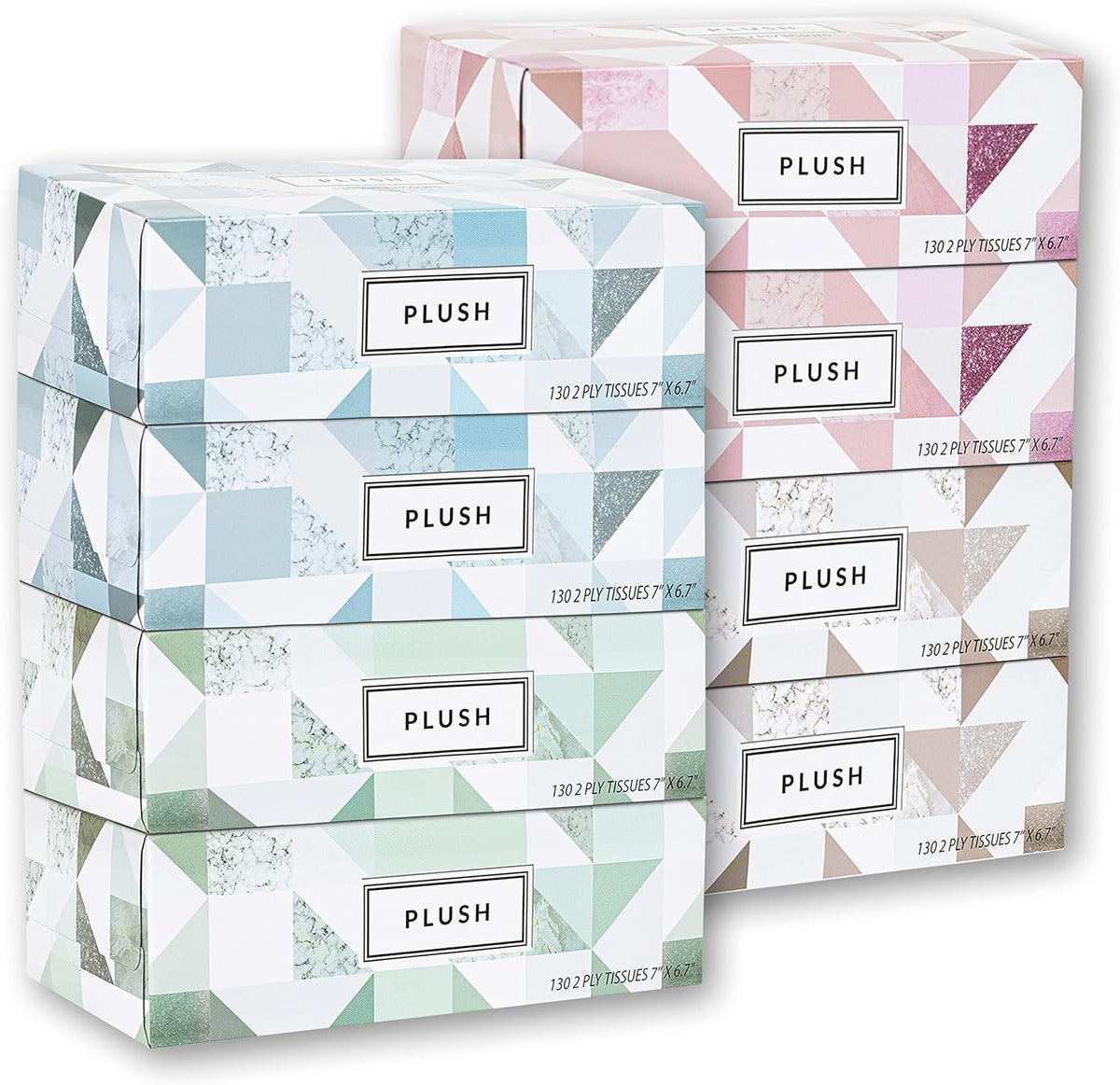 Plasticpro Plush Facial Tissues 8 box family pack front view for household hygiene.