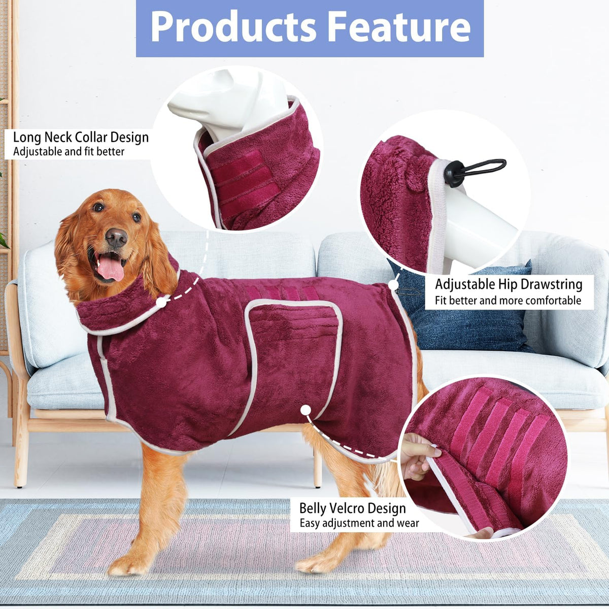 HhiMyOct dog drying coat adjustable belly strap detail