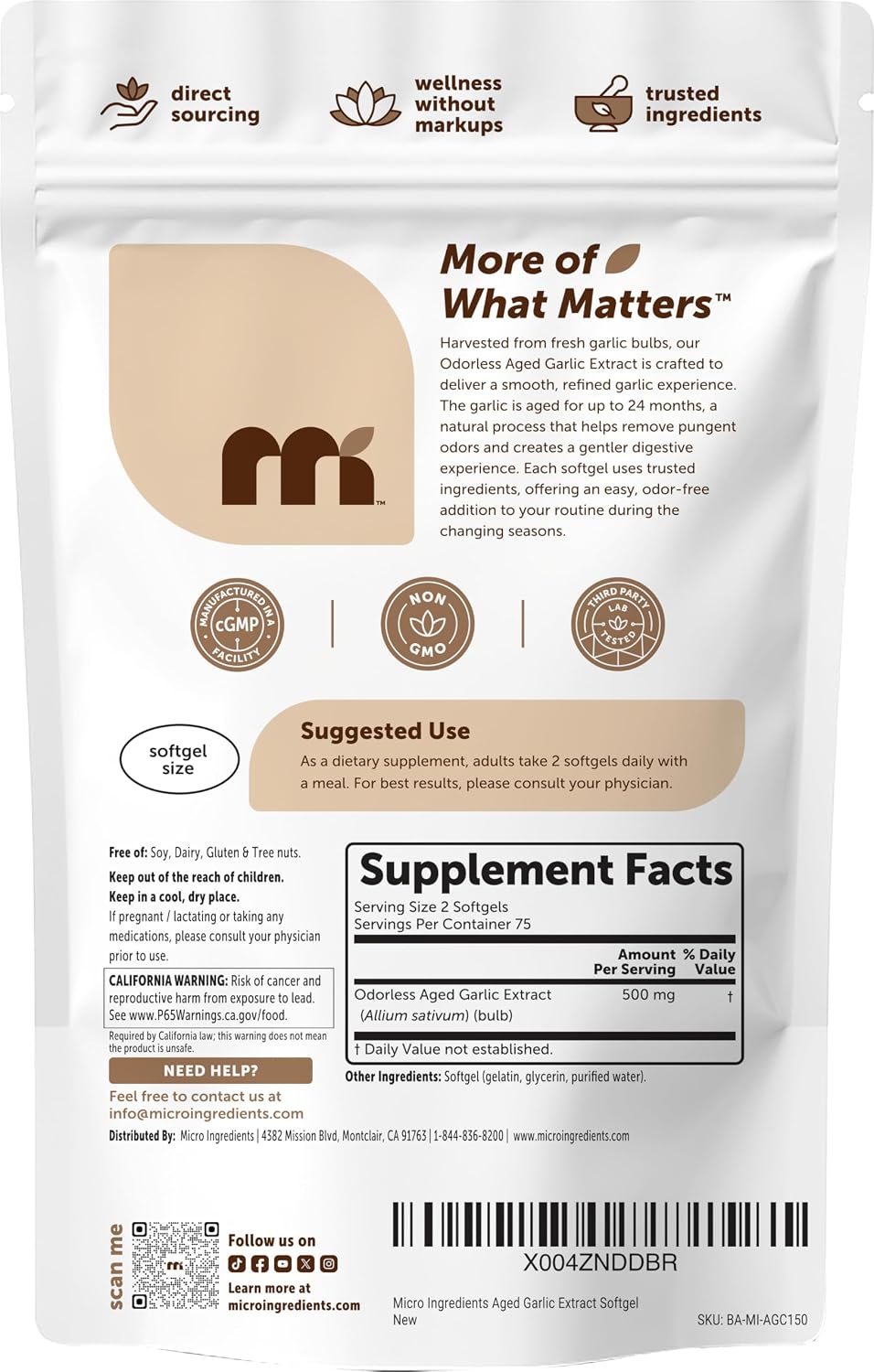 Micro Ingredients Odorless Garlic 150 Softgels dietary flags and non-GMO certification