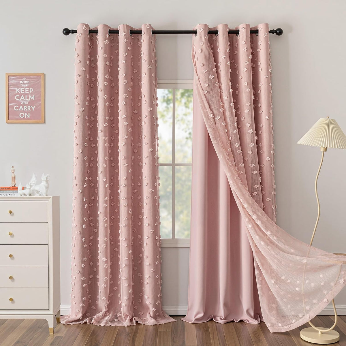 MYSKY HOME Nursery Curtains Yellow Double Layer Curtains for Bedroom 63 Inch Long Curtains for Kids Room Kithen White Pom Pom Sheer Grommet Room Darkening Window Curtains 2 Panels Set, 52 x 63 Inch - Image 14
