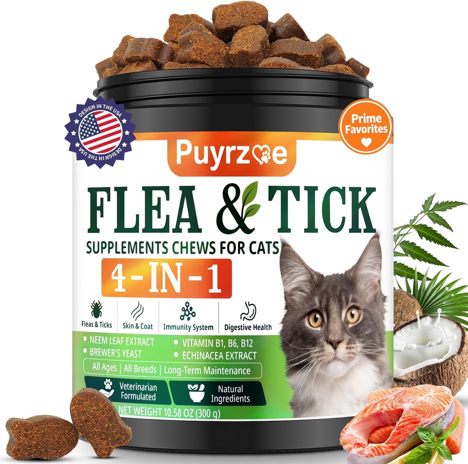 Puyrzoe 4-in-1 Flea Treatment for Cats Chewable front container view showing natural pest protection details.