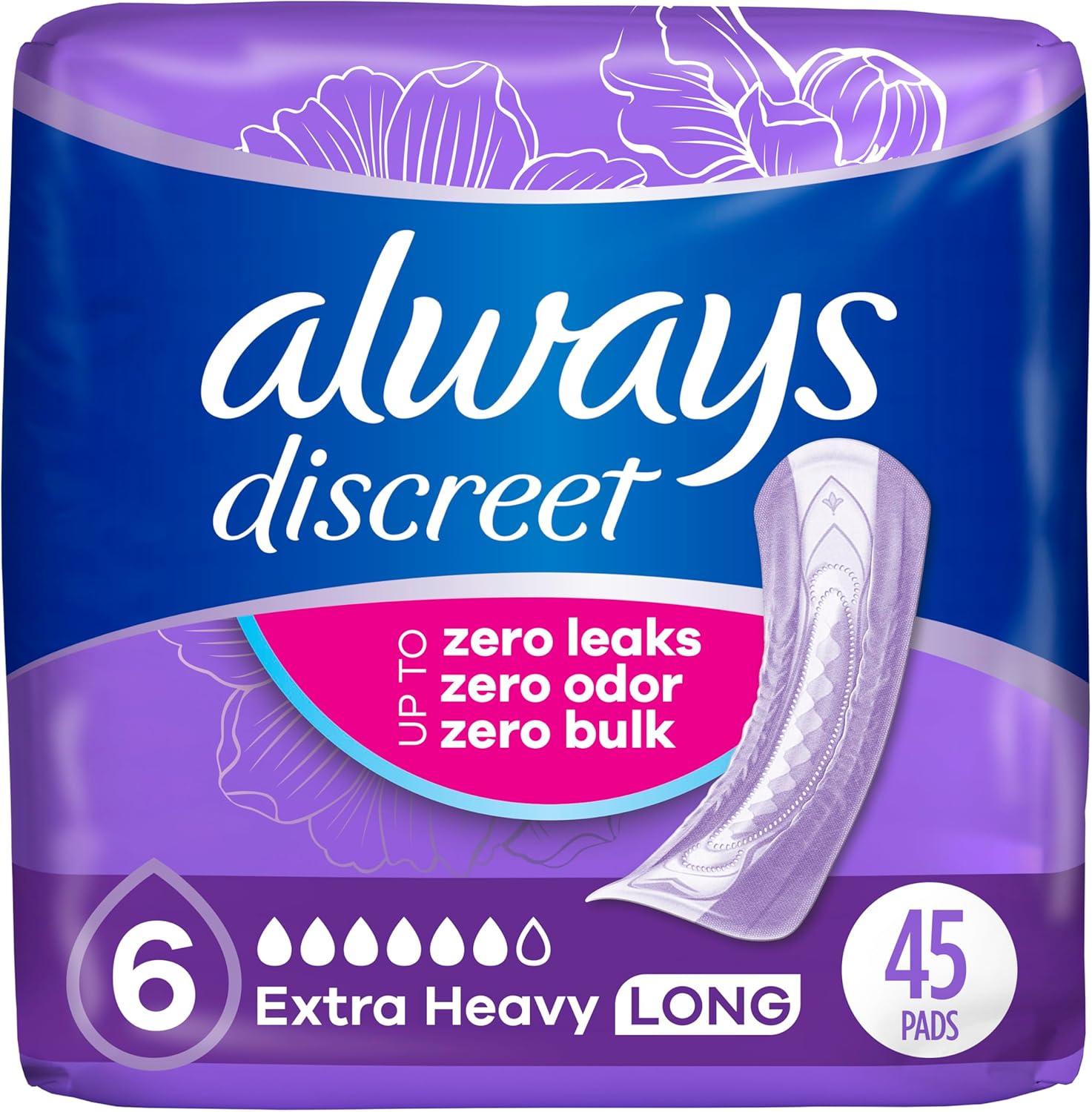 Always Discreet Extra Heavy Absorbency Long Length Incontinence Pads front packaging view