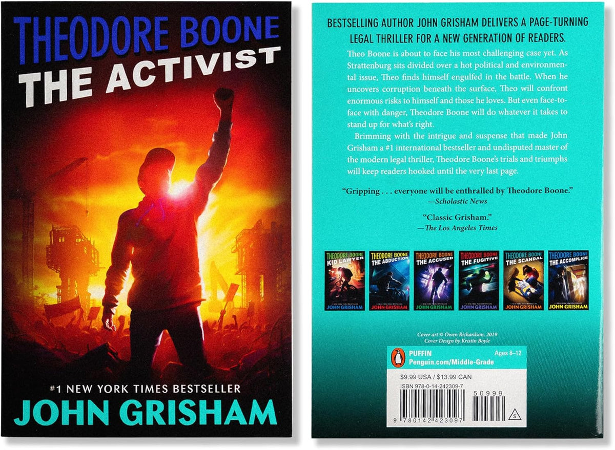 Close up of book titles on Theodore Boone box set