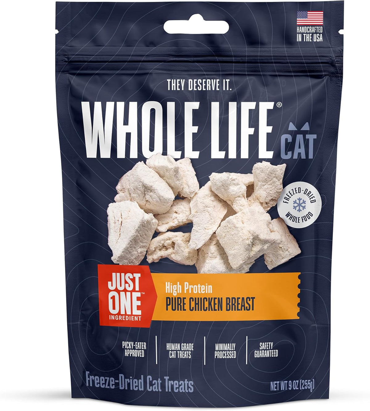 Single ingredient chicken breast treats for cats in 10 ounce pack