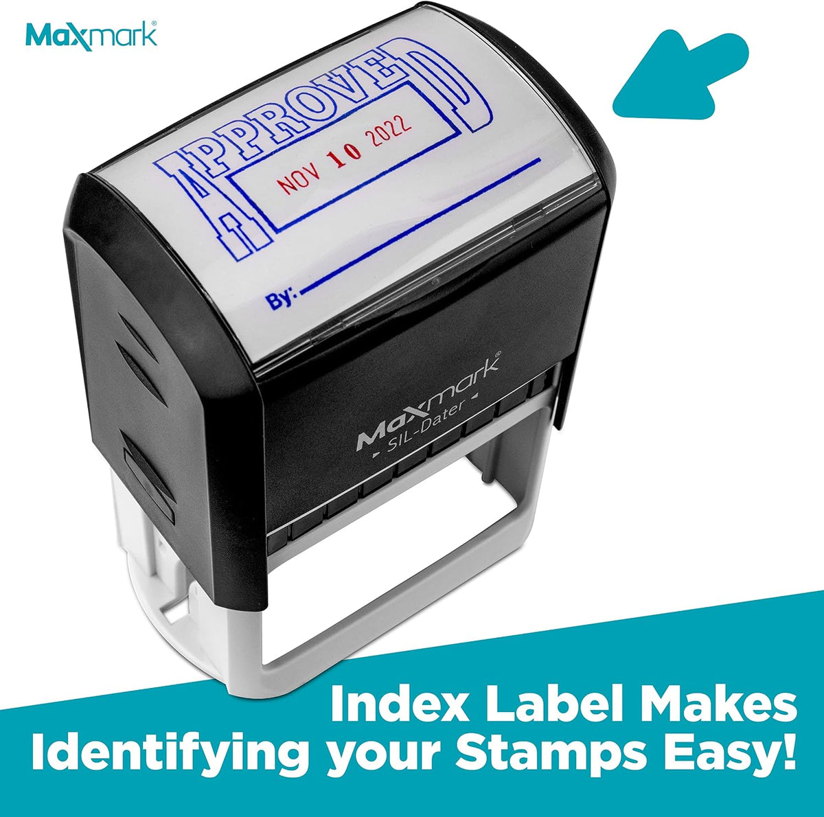 MaxMark rubber office stamp encased wheels detail