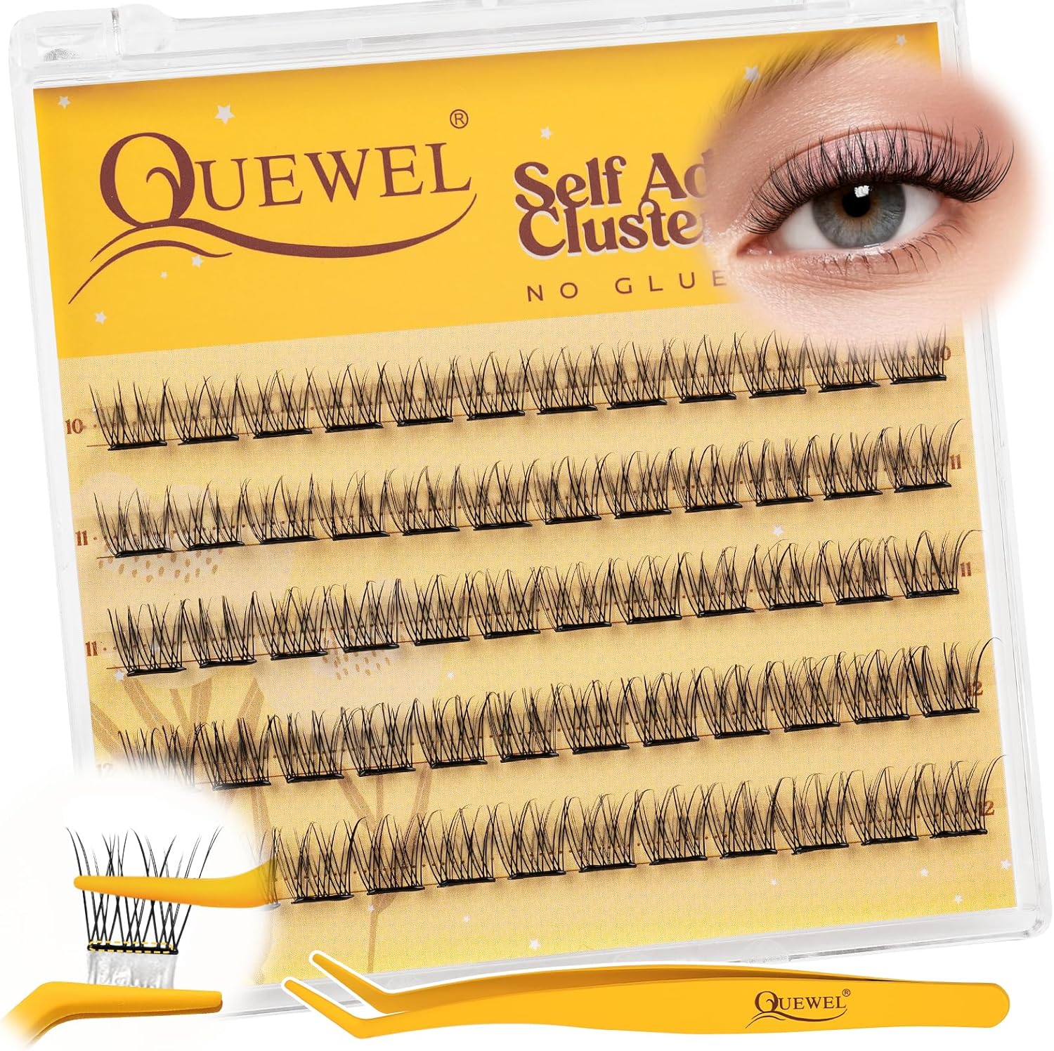 QUEWEL Self Adhesive Lash Clusters Kit, Pre Glued Eyelashes Clusters, 10-16MM Strong Hold Self Adhesive Eyelashes,D Curl Press On Lashes No Glue Needed DIY Lash Extensions Kit at Home(MJ06) - Image 1