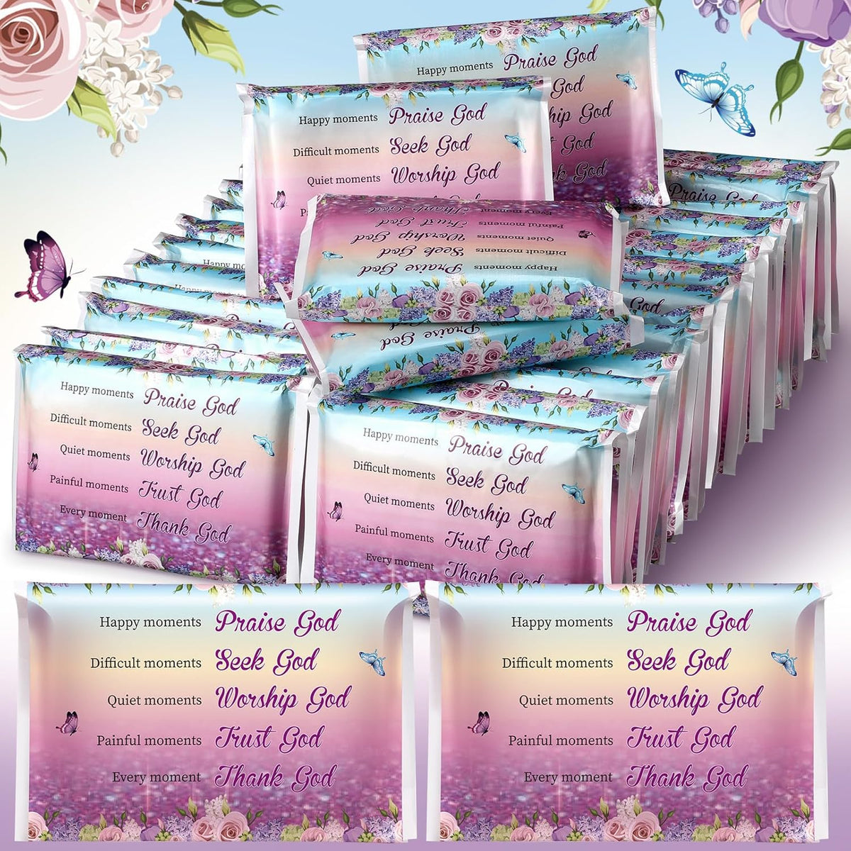 Sinmoe pocket tissues travel packs front view showing butterfly and floral design packaging