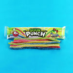 Close-up of sugar-coated rainbow chewy straws in strawberry and green apple.
