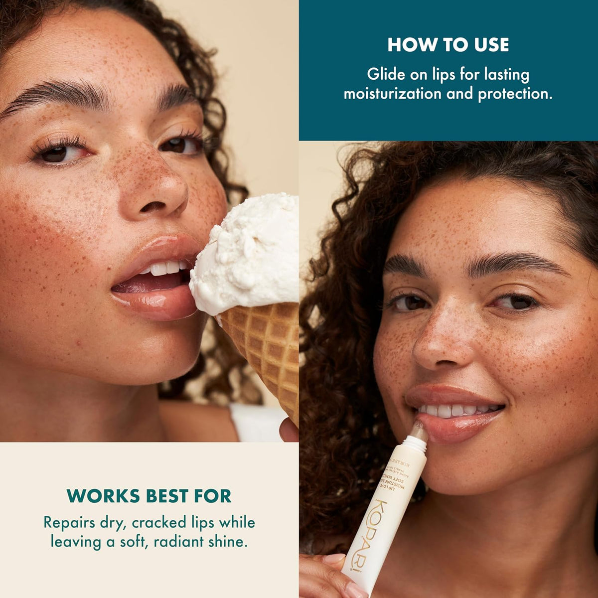 Lifestyle application shot of Kopari lip balm product