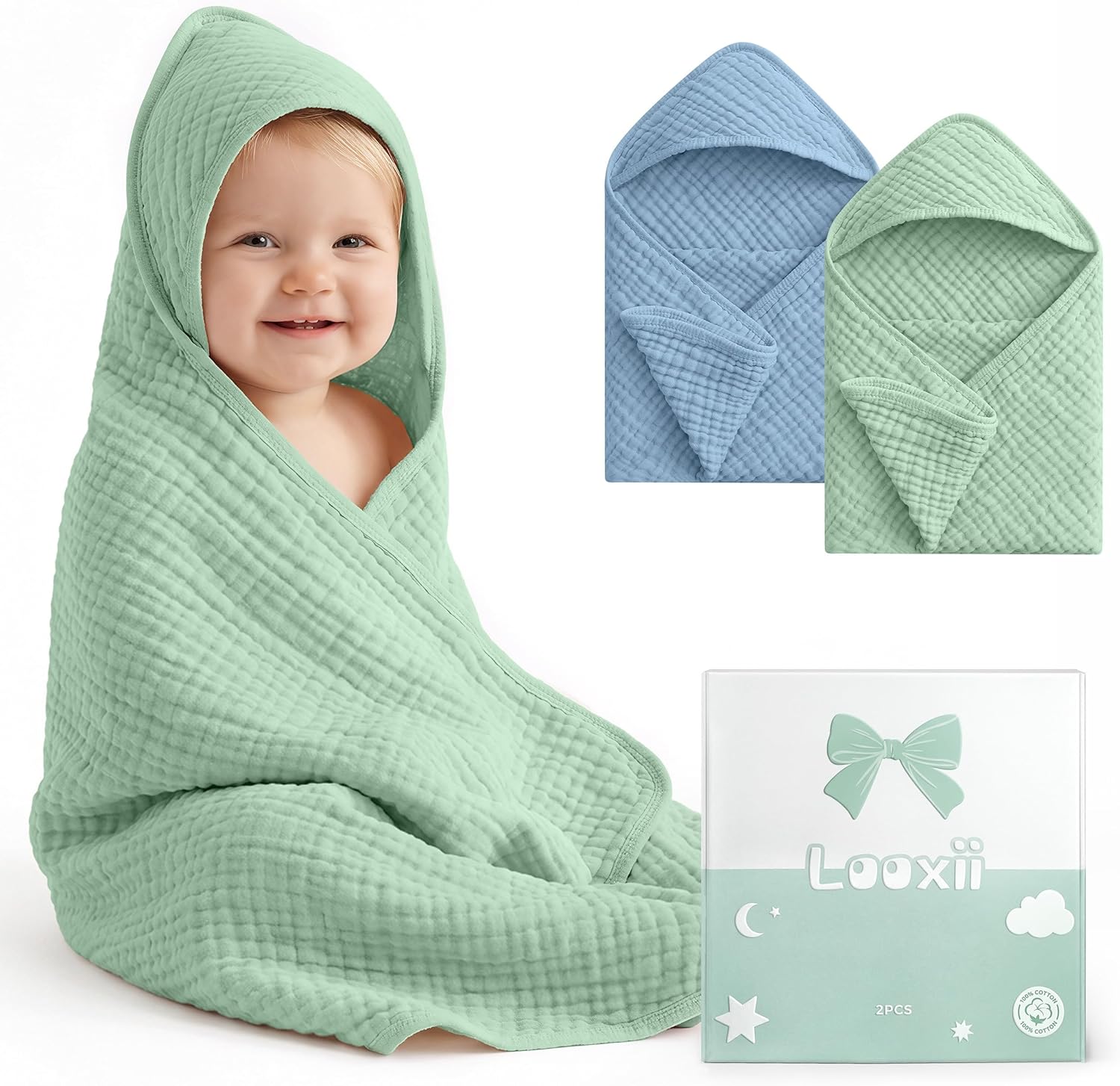Looxii muslin hooded baby towels blue and green set