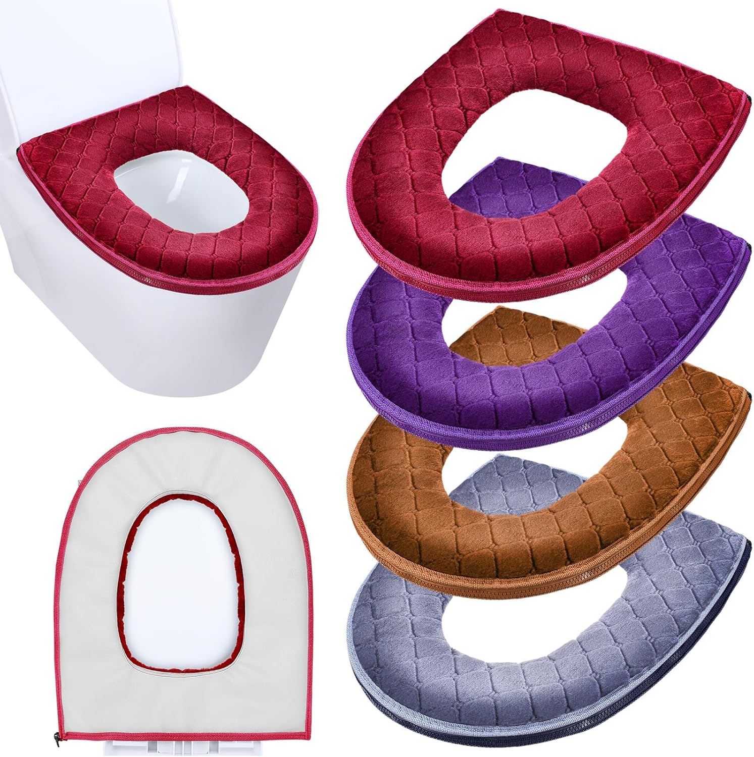 Riakrum plush toilet seat covers four piece set front view showing gray violet red and brown variations