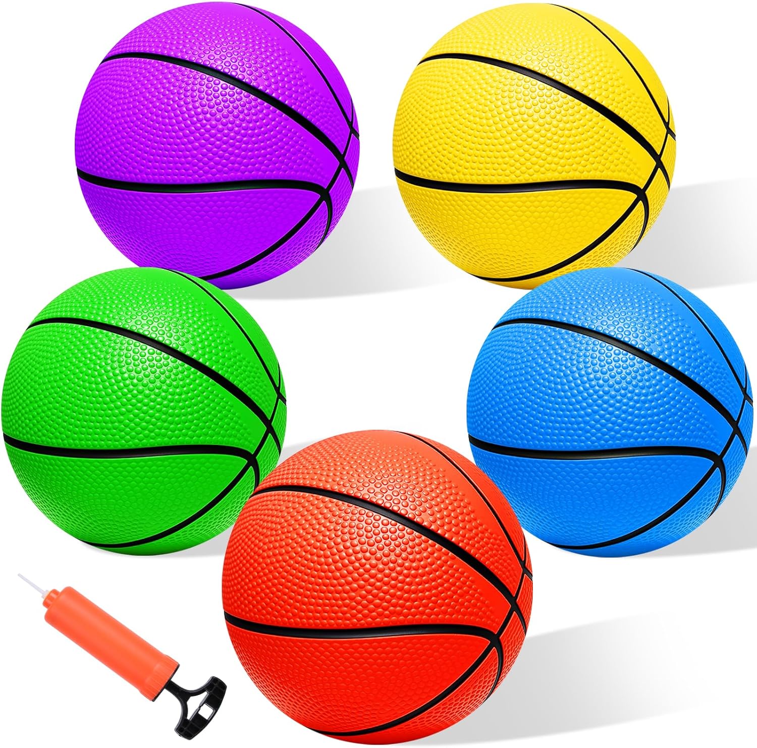 PlayBolt mini basketball set front view showing five multicolored six inch balls and a black hand pump.