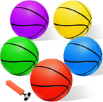 PlayBolt mini basketball set front view showing five multicolored six inch balls and a black hand pump.