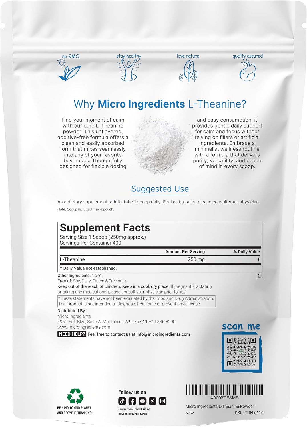 Micro Ingredients Pure L-Theanine Powder label supplement facts