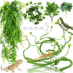 Quozuo Bearded Dragon Tank Accessories kit featuring vines and hanging leaves.