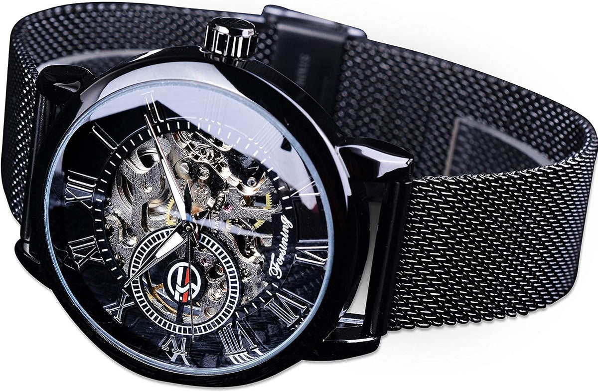 Forsining mechanical skeleton watch crown and case back