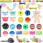Assorted colorful kitten spring toys and crinkle balls arranged flat on a neutral background