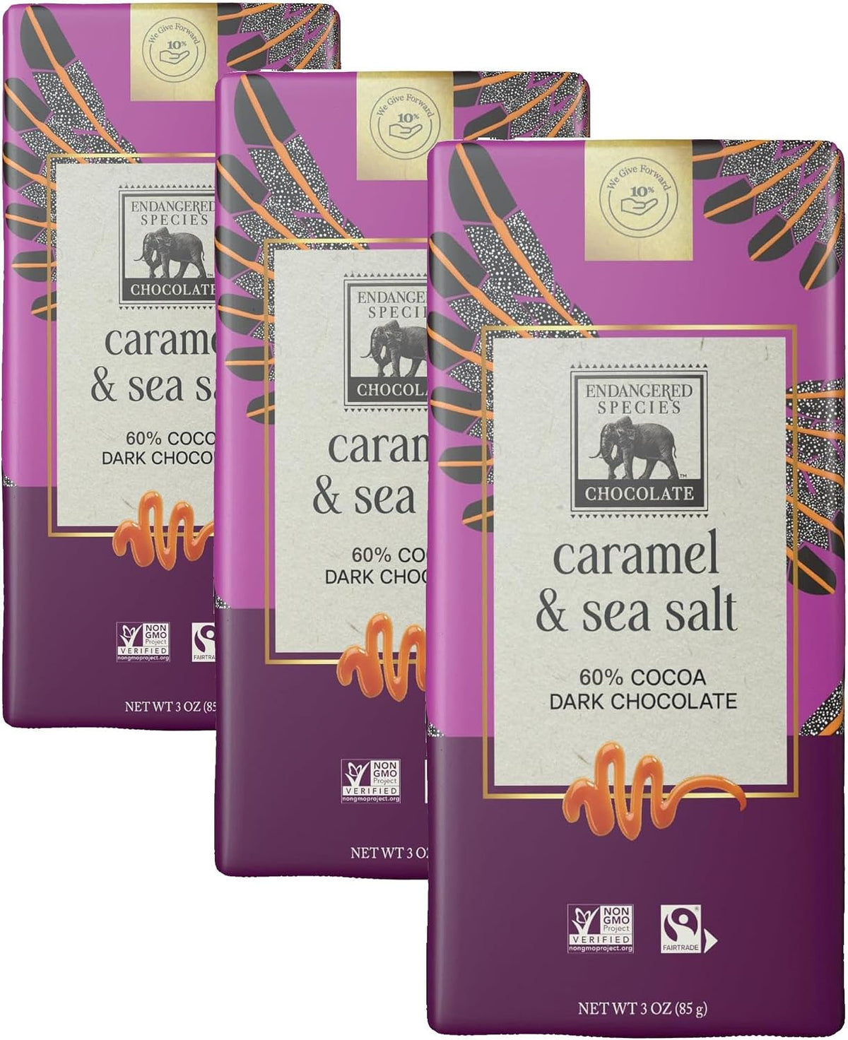 Endangered Species Chocolate Sea Salt and Almonds three ounce bar on a rustic dark background