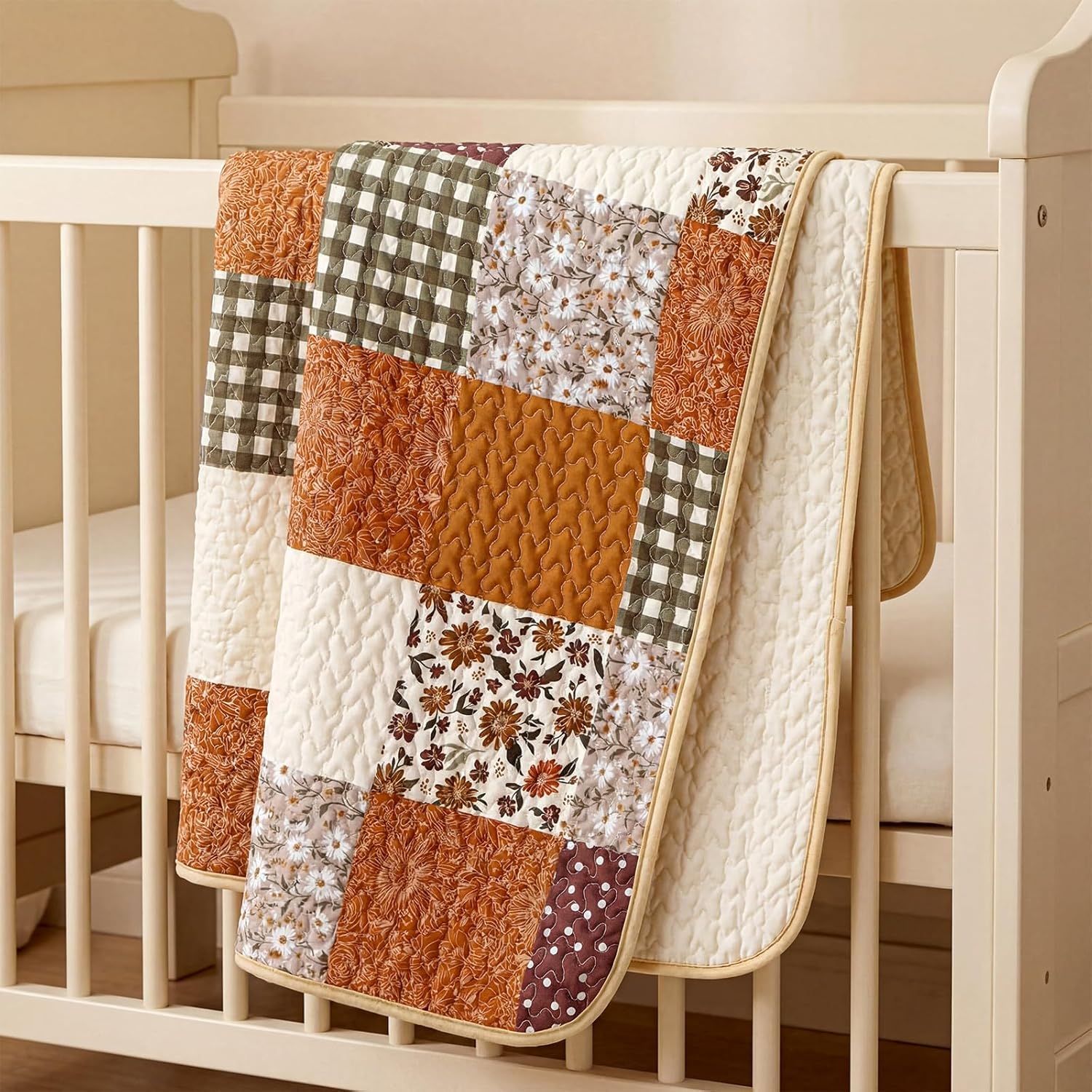 Chumia Daisy Theme Boho Flower Quilted Baby Blanket front view showing brown and yellow patchwork design.